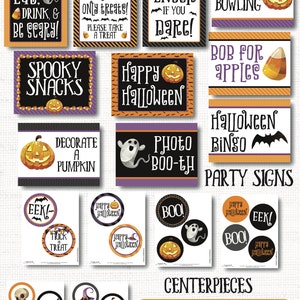 May include: A set of printable Halloween party decorations featuring signs, centerpieces, and circles with various Halloween themes. The signs include phrases like "Eat, Drink, & Be Scary!" and "Happy Halloween". The centerpieces include a pumpkin, a ghost, a witch's hat, and a skull. The circles include phrases like "Boo!" and "Trick or Treat".