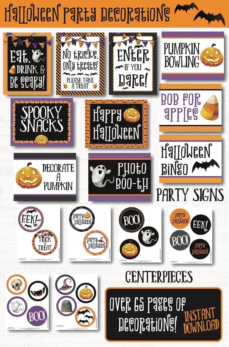 May include: A set of printable Halloween party decorations featuring signs, centerpieces, and circles with various Halloween themes. The signs include phrases like "Eat, Drink, & Be Scary!" and "Happy Halloween". The centerpieces include a pumpkin, a ghost, a witch's hat, and a skull. The circles include phrases like "Boo!" and "Trick or Treat".