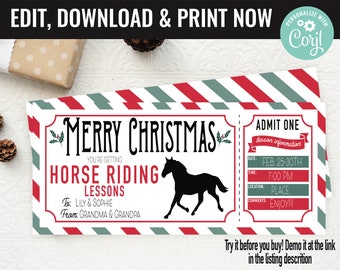 May include: A red and green striped Christmas ticket with the text "Merry Christmas" and "Horse Riding Lessons". The ticket is for Lily & Sophie from Grandma & Grandpa. The ticket includes the date, time, location, and comments: "Feb. 25-30th", "7:00 PM", "PLACE", and "Enjoy!!!".
