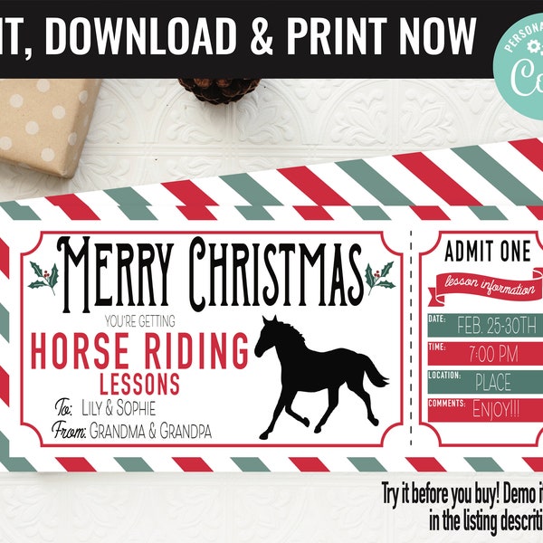 Christmas Surprise Horse Riding Gift Voucher, Horseback Riding Printable Template Gift Card, Editable Instant Download Gift Certificate