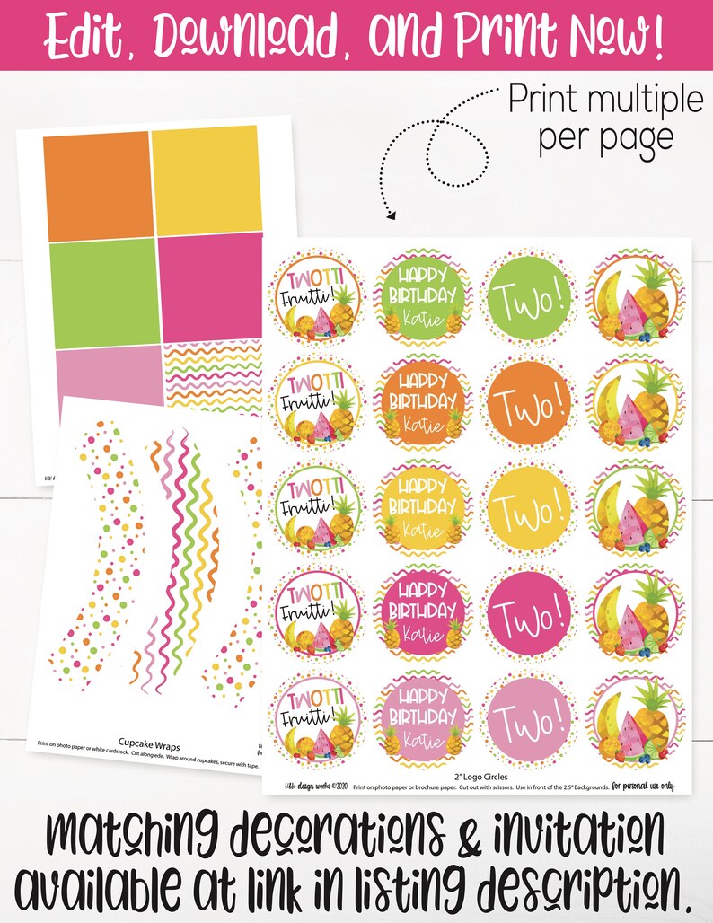 Twotti Fruitti Birthday Party Decorations, Fruit Cupcake Toppers, Tutti Fruitti, Girls Second Birthday, 2nd Birthday, Fruit Party Printable image 4