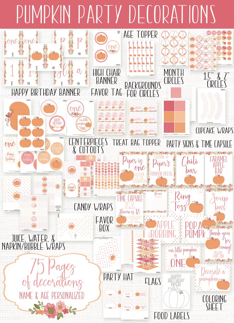 Op de afbeelding: Een printbare set van 75 pagina's met pompoen-thema partydecoraties voor een eerste verjaardag. De set bevat een verscheidenheid aan items, zoals banners, cupcake-verpakkingen, traktatiezakjes-toppers en voedseletiketten. De decoraties hebben een roze en oranje kleurenschema met een schattig pompoenontwerp.