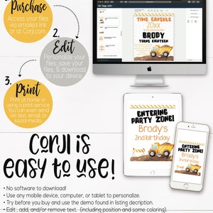 May include: A digital product advertisement with the text "Edit, Download, and Print Now!" and instructions. The image shows a computer, tablet, and phone displaying customizable birthday party invitations with a construction theme.