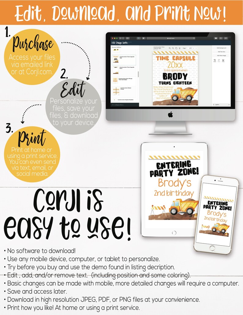 May include: A digital product advertisement with the text "Edit, Download, and Print Now!" and instructions. The image shows a computer, tablet, and phone displaying customizable birthday party invitations with a construction theme.