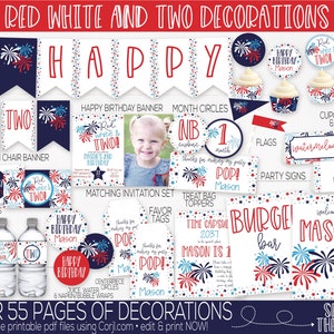 Red White and Two Birthday Party Decorations & Invitation, 4th of July Birthday Party Decorations, Patriotic Independence Day Birthday, 2nd
