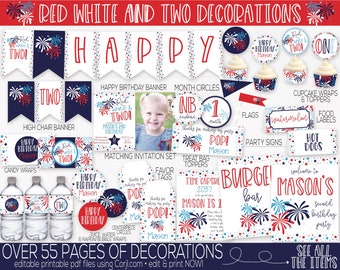 Red White and Two Birthday Party Decorations & Invitation, 4th of July Birthday Party Decorations, Patriotic Independence Day Birthday, 2nd