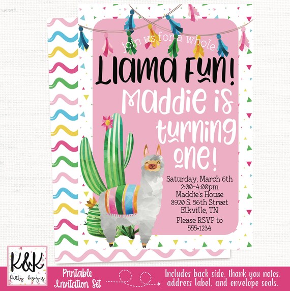 Llama Birthday Party Invitation Printable, Llama Party Decorations, Cactus Llama Theme, Girls Llama Party, Llama Fiesta Party, 1st Birthday Il_570xn