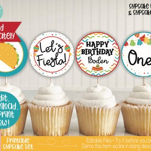 May include: Printable cupcake toppers with a fiesta theme. The toppers feature a taco, the words "Let's Fiesta!" with confetti, "Happy Birthday Boden" with a sombrero, and "One!" with colorful flags.
