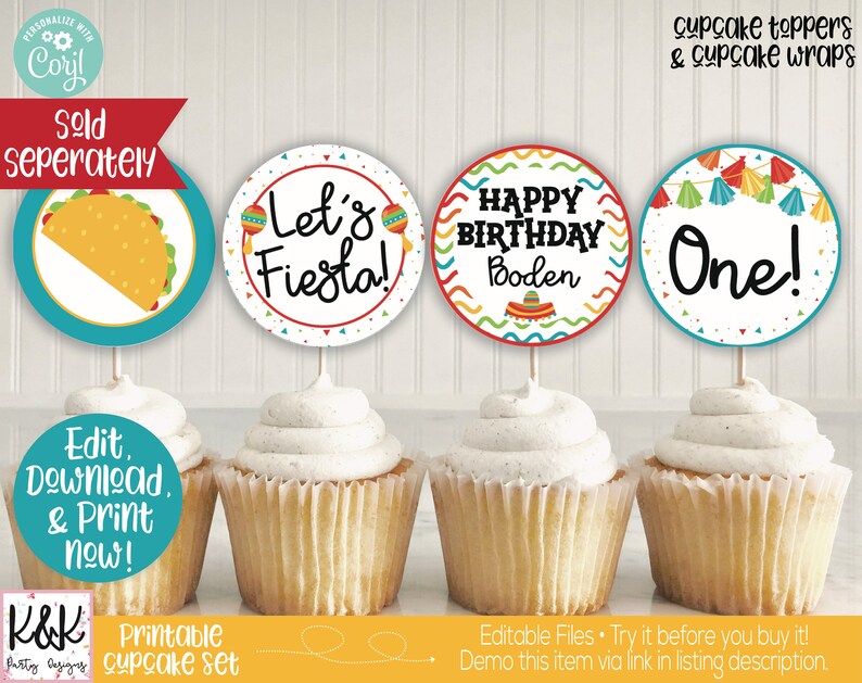 May include: Printable cupcake toppers with a fiesta theme. The toppers feature a taco, the words "Let's Fiesta!" with confetti, "Happy Birthday Boden" with a sombrero, and "One!" with colorful flags.