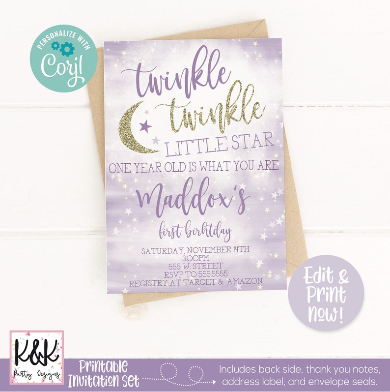 Editable Twinkle Twinkle Little Star Birthday Party Decorations and Invitation, Girls First Birthday, 1st Birthday, Gold Purple Decorations image 4