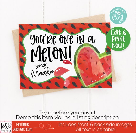 Watermelon Printable Valentine Card, Kids Valentines Day Card, School Valentine Exchange, Class Valentine, Preschool, One in a Melon Valenti Il_570xn