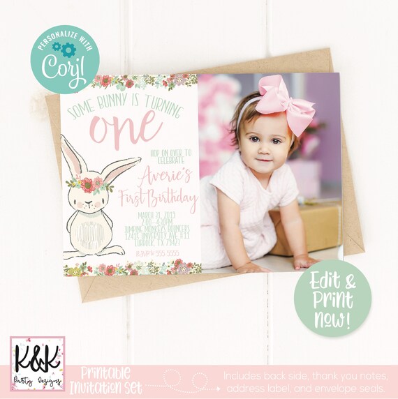 Bunny Birthday Party Invitation, Some Bunny is One, Spring Birthday, First Birthday Girl, Shabby Chic, Girls 1st Birthday, Easter Birthday Il_570xn