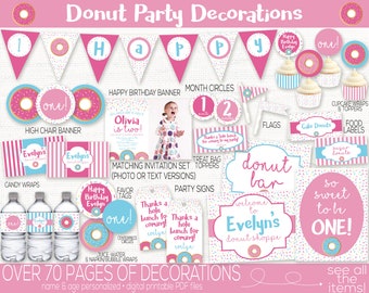 Donut Birthday Party Decorations, Donut Grow Up, Donut Birthday Party Invitation, Girls First Birthday, 1st Birthday, Donut Printable