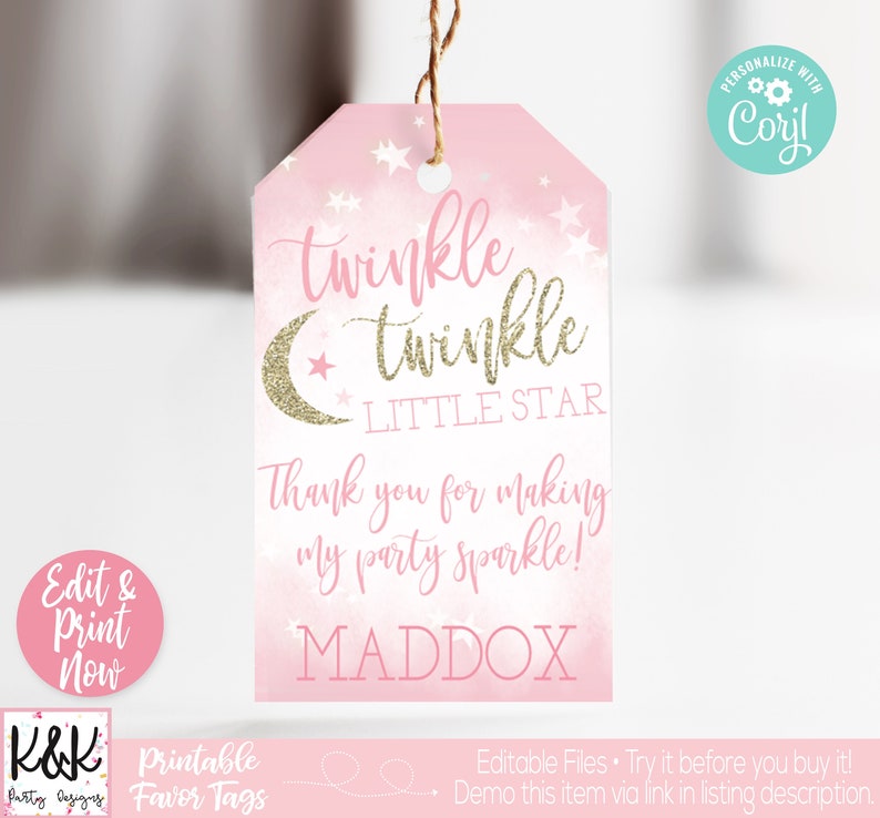 Pu&ograve; includere: Etichetta regalo stampabile rosa e oro con il testo "twinkle twinkle little star" e "Grazie per aver fatto brillare la mia festa!" con il nome Maddox in basso.