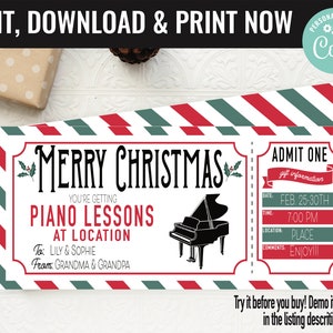 Christmas Surprise Piano Lessons Gift Voucher, Piano Music Lessons Printable Template Gift Card, Editable Instant Download Gift Certificate