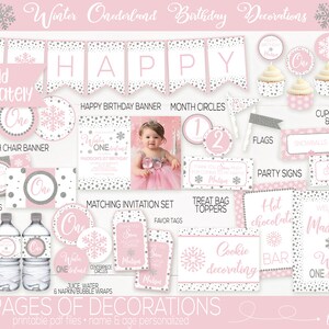May include: A set of printable party decorations for a Winter Onederland themed first birthday party. The decorations feature a pink and silver color scheme with snowflakes and the text "Winter Onederland". The set includes a banner, cupcake wrappers, food labels, party signs, treat bag toppers, and more.
