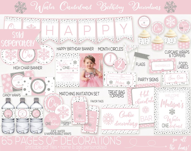 May include: A set of printable party decorations for a Winter Onederland themed first birthday party. The decorations feature a pink and silver color scheme with snowflakes and the text "Winter Onederland". The set includes a banner, cupcake wrappers, food labels, party signs, treat bag toppers, and more.