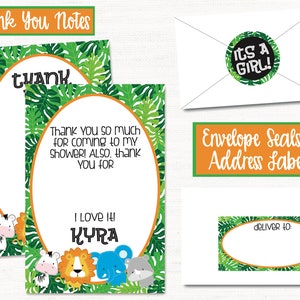 May include: Thank you notes with a jungle theme. The notes feature a green and orange border with a white oval in the center. The text "Thank you so much for coming to my shower! Also, thank you for I love it! Kyra" is printed on the notes. The notes also feature a zebra, lion, elephant, and rhino.