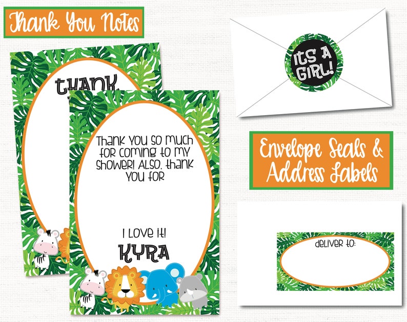 May include: Thank you notes with a jungle theme. The notes feature a green and orange border with a white oval in the center. The text "Thank you so much for coming to my shower! Also, thank you for I love it! Kyra" is printed on the notes. The notes also feature a zebra, lion, elephant, and rhino.