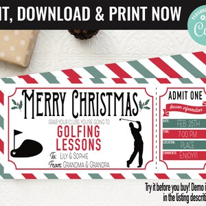 Christmas Surprise Golfing Lessons Gift Voucher, Golf Lessons Printable Template Gift Card, Editable Instant Download Gift Certificate