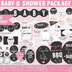 May include: A printable baby shower package with a barbecue theme. The package includes a banner, round banner, cupcake wrappers, food labels, party signs, and more. The design features black and white text on a pink and white gingham background.