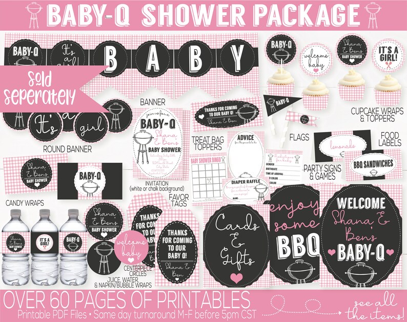 May include: A printable baby shower package with a barbecue theme. The package includes a banner, round banner, cupcake wrappers, food labels, party signs, and more. The design features black and white text on a pink and white gingham background.