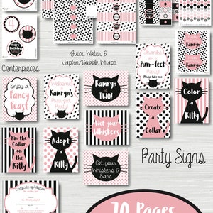 Op de afbeelding: Een printbare feestset met een katten thema in roze en zwart. De set bevat middelpunten, snoepverpakkingen, verpakkingen voor sap- en waterflessen en feestborden. De tekst "Kamryn is Two!" staat op verschillende van de printbare items.