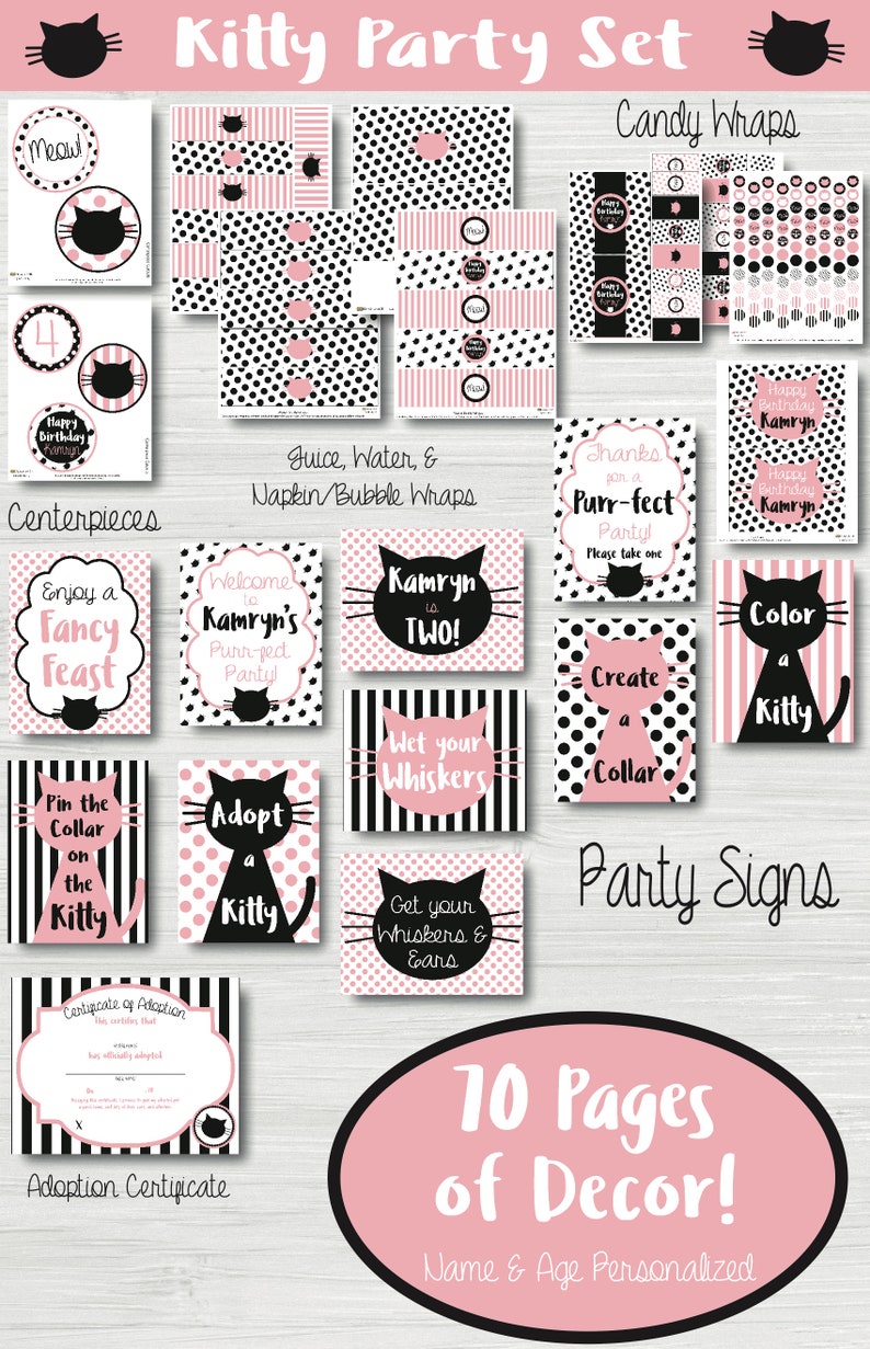 Op de afbeelding: Een printbare feestset met een katten thema in roze en zwart. De set bevat middelpunten, snoepverpakkingen, verpakkingen voor sap- en waterflessen en feestborden. De tekst "Kamryn is Two!" staat op verschillende van de printbare items.