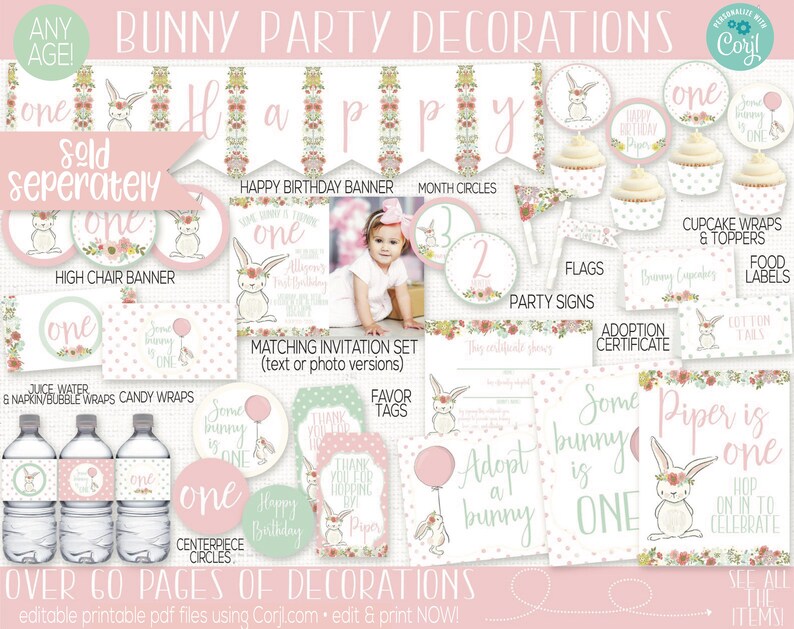 Puede incluir: Un conjunto de decoraciones de fiesta imprimibles para un primer cumplea&ntilde;os con tem&aacute;tica de conejito. Las decoraciones incluyen una pancarta, envoltorios para cupcakes, etiquetas para alimentos y una pancarta para silla alta. Las decoraciones son de color rosa, verde y blanco con detalles florales. El texto en las decoraciones dice "Some bunny is one" y "Happy Birthday Piper".