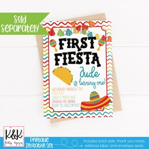 May include: Printable invitation set for a first birthday party with a fiesta theme. The invitation features a colorful design with a taco, maracas, and a sombrero. The text on the invitation reads "Join us for a First Fiesta Jude is turning one!"  The invitation also includes the date, time, address, and RSVP information.