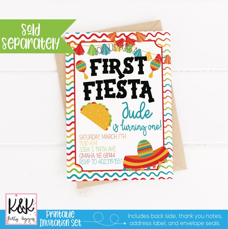 May include: Printable invitation set for a first birthday party with a fiesta theme. The invitation features a colorful design with a taco, maracas, and a sombrero. The text on the invitation reads "Join us for a First Fiesta Jude is turning one!"  The invitation also includes the date, time, address, and RSVP information.