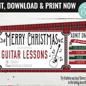 Christmas Surprise Guitar Music Lesson Gift Voucher, Guitar Lessons Printable Template Gift Card, Editable Instant Download Gift Certificate