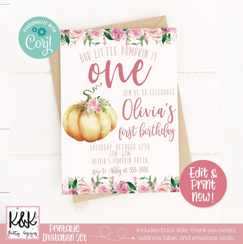 May include: A printable first birthday invitation featuring a watercolour pumpkin and floral elements. The text reads "Our Little Pumpkin is One" with event details and an RSVP. The design is set on a white background.