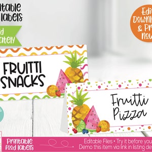 May include: Two printable food labels with a tropical fruit theme. The top label has a white background with a colorful wavy pattern and says "FRUITTI SNACKS". The bottom label has a white background with a colorful polka dot pattern and says "Fruitti Pizza".