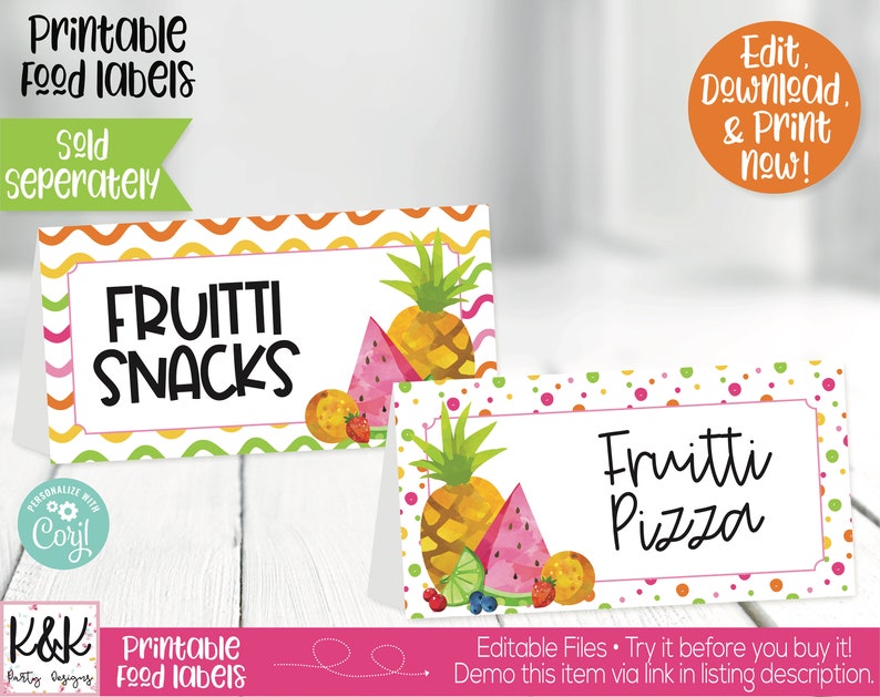 May include: Two printable food labels with a tropical fruit theme. The top label has a white background with a colorful wavy pattern and says "FRUITTI SNACKS". The bottom label has a white background with a colorful polka dot pattern and says "Fruitti Pizza".