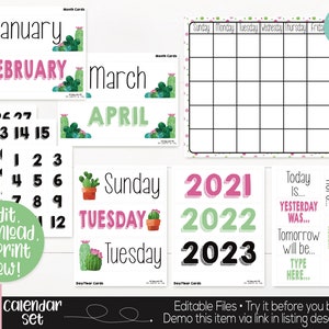 Cactus Classroom Calendar Set Printable, Cactus Theme, Teacher Supply, Printable Classroom Teacher Decoration and Supplies, Calendar Board image 1
