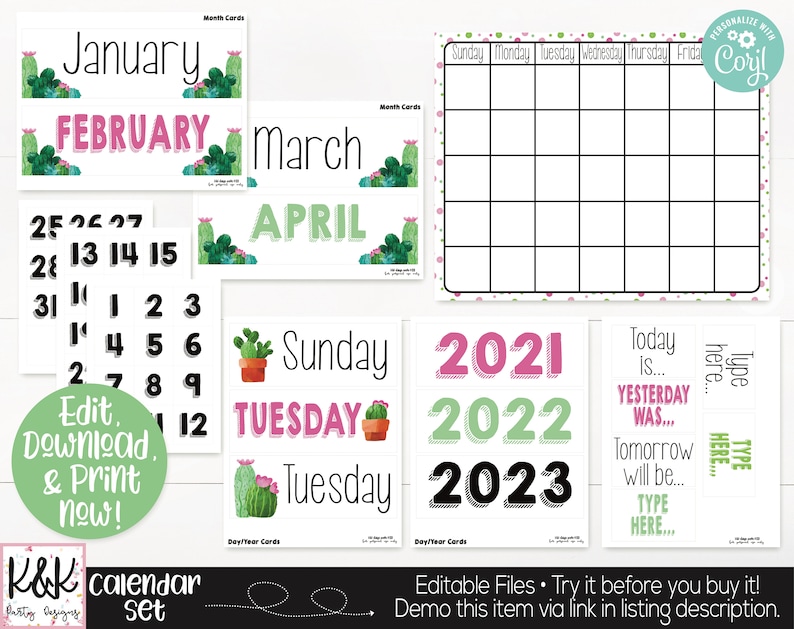 Cactus Classroom Calendar Set Printable, Cactus Theme, Teacher Supply, Printable Classroom Teacher Decoration and Supplies, Calendar Board image 1