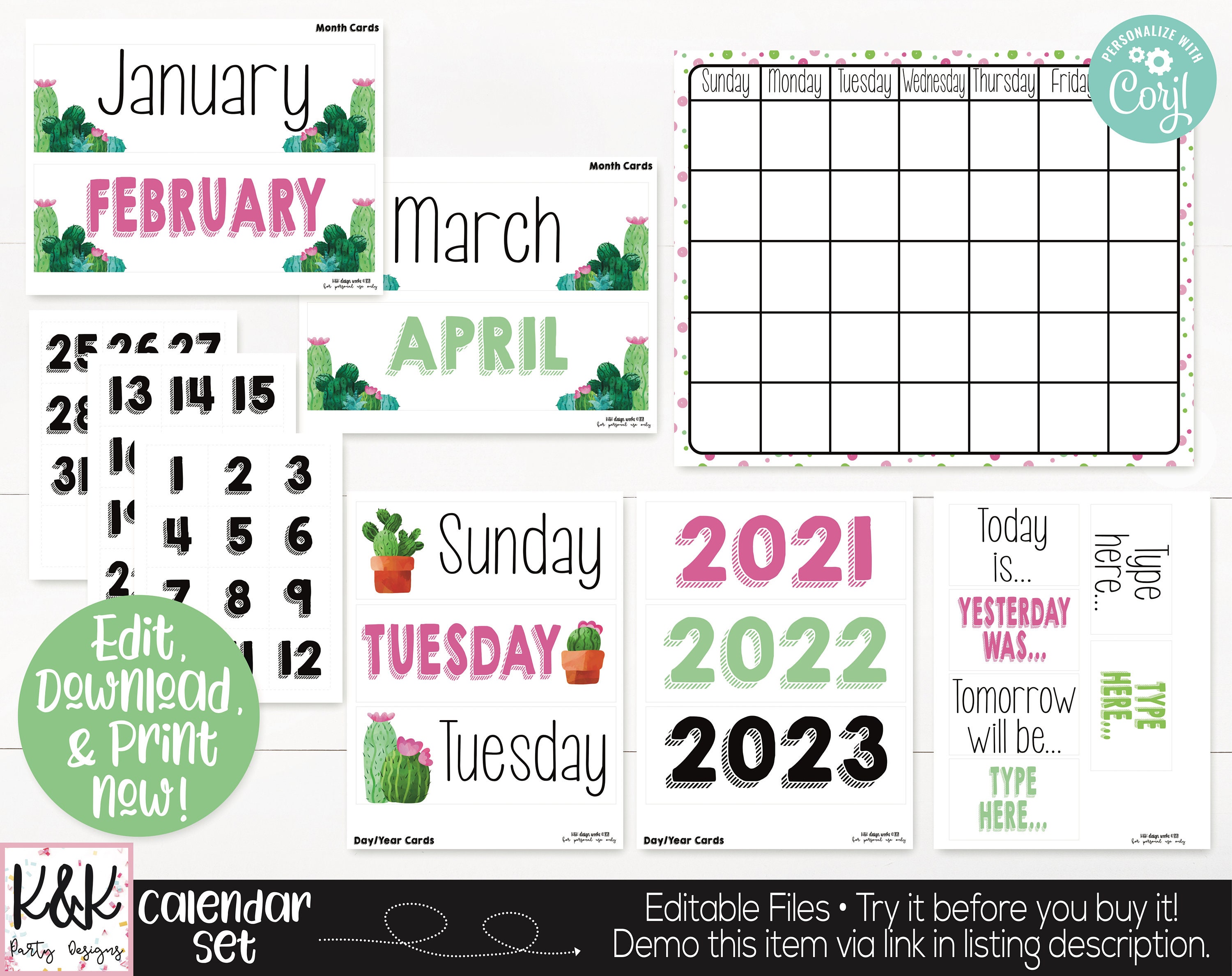 Cactus Classroom Calendar Set Printable Cactus Theme Teacher Etsy