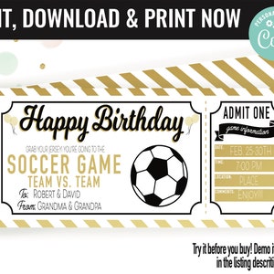 Birthday Surprise Soccer Game Ticket Gift Voucher, Soccer Game Printable Template Gift Card, Editable Instant Download Gift Certificate