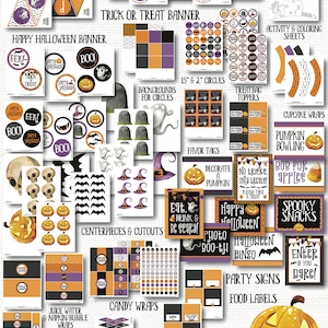 Peut inclure: D&eacute;corations de f&ecirc;te d'Halloween imprimables en orange, noir et violet. L'ensemble comprend des banni&egrave;res, des emballages de cupcakes, des dessus de sacs &agrave; friandises, des &eacute;tiquettes de faveur, des &eacute;tiquettes alimentaires et plus encore. Plus de 65 pages de d&eacute;corations.