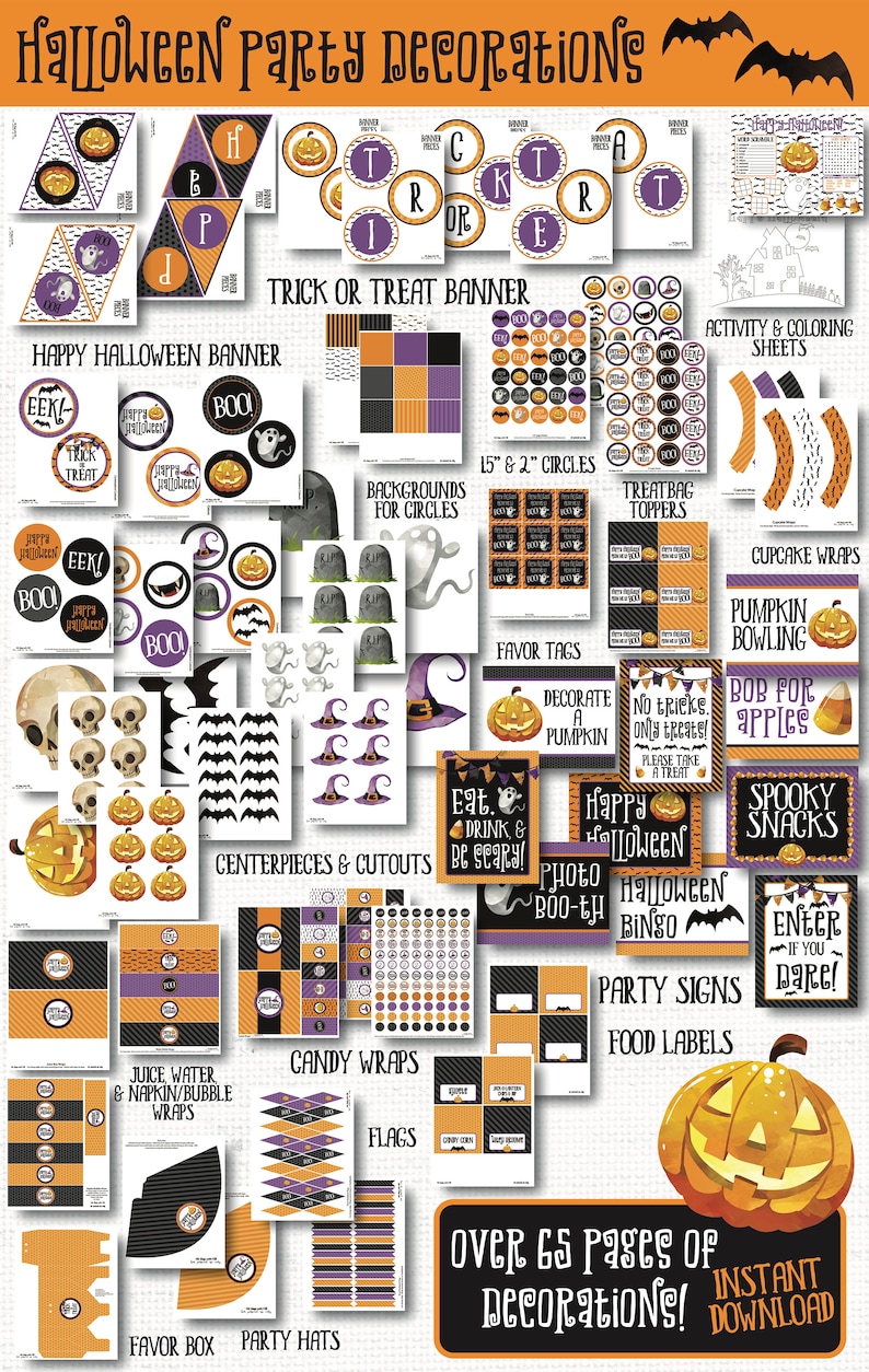 Peut inclure: D&eacute;corations de f&ecirc;te d'Halloween imprimables en orange, noir et violet. L'ensemble comprend des banni&egrave;res, des emballages de cupcakes, des dessus de sacs &agrave; friandises, des &eacute;tiquettes de faveur, des &eacute;tiquettes alimentaires et plus encore. Plus de 65 pages de d&eacute;corations.