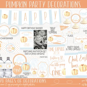May include: Pumpkin-themed first birthday party decorations in blue and orange with a pumpkin design. The set includes a banner, cupcake wrappers, treat bag toppers, high chair banner, candy wrappers, water bottle labels, juice box labels, centerpiece circles, and more. Over 70 pages of decorations.