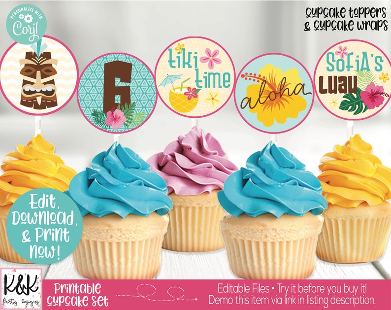 Luau Party Cupcake Toppers, Luau Birthday Cupcake Toppers, Luau Party Decorations, Tropical Party Decor, Luau Printable, Tiki Party, Hawaii Bild 1