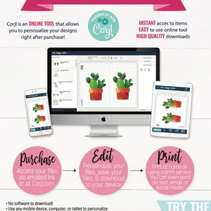 May include: A graphic showing how to use the Corjl online tool to personalize and download digital designs. The graphic shows a computer screen, a smartphone, and three steps: Purchase, Edit, and Print. The text "TRY THE FREE DEMO" is also included.