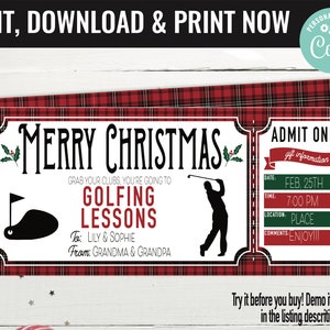 Christmas Surprise Golfing Lessons Gift Voucher, Golf Lessons Printable Template Gift Card, Editable Instant Download Gift Certificate