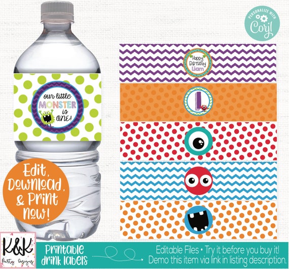 Little Monster Water Label, Monster Drink Label, Monster Water Wrap, Little Monster Birthday Party Decorations, Monster Bash, First Birthday Il_570xn