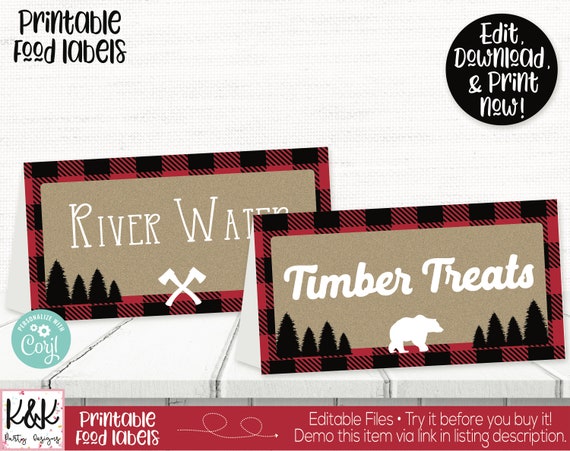 Lumberjack Food Labels, Lumberjack Buffet Cards, Lumberjack Place Cards, Lumberjack Birthday Party Decorations, Boys First Birthday, Print Il_570xn