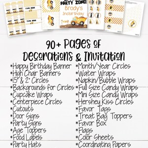 May include: A construction-themed party set with various printable decorations. Includes banners, circles, cupcake wraps, cutouts, door signs, and more. The design features yellow and orange colors with a construction vehicle theme. Text includes "Construction Party Set" and "Edit, Download and Print Now!"
