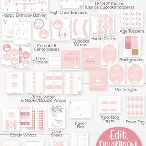 May include: A printable swan party package with pink and gold accents. The package includes a variety of items, such as banners, cupcake toppers, food labels, and party hats. The text "Edit, Download & Print now!" is displayed in a pink circle.