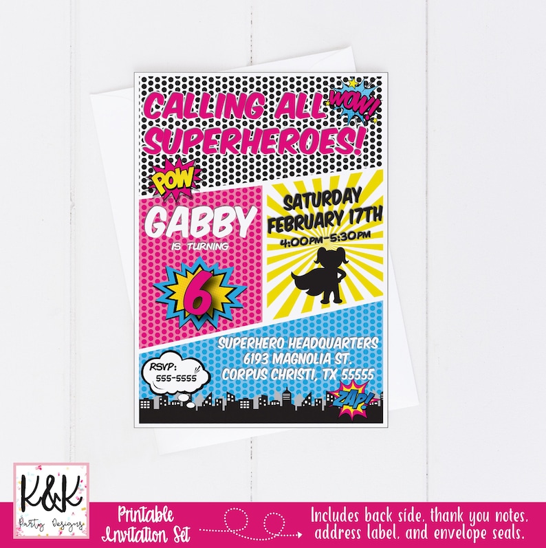 May include: Printable superhero party invitation set with a pink and blue comic book design. The invitation says "Calling all superheroes!" and features a girl superhero with the text "Gabby is turning 6".
